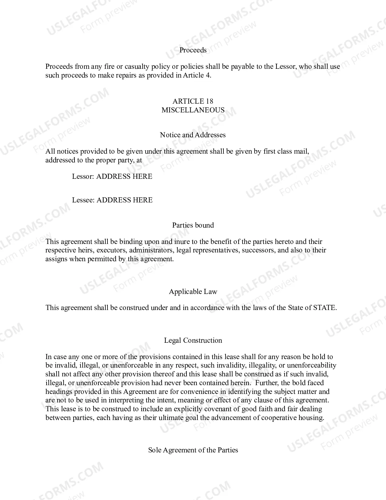 Preview Draft Master Lease Agreement