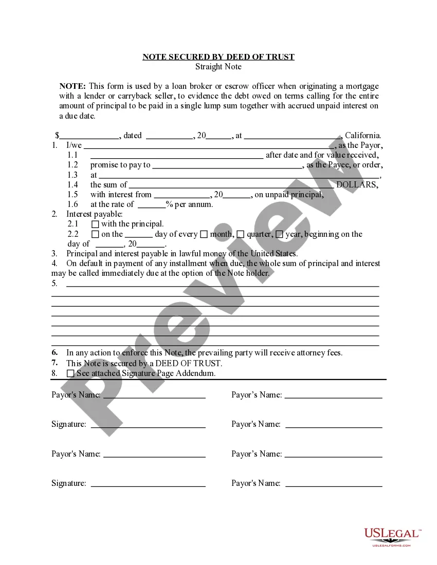 Preview Note Secured By Deed of Trust