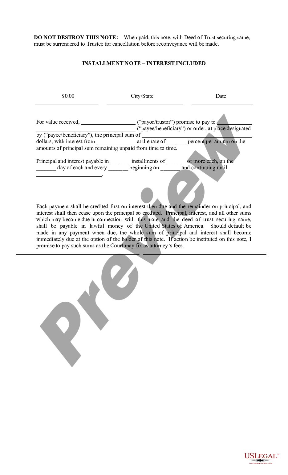 California Installment Note - Interest Included | US Legal Forms