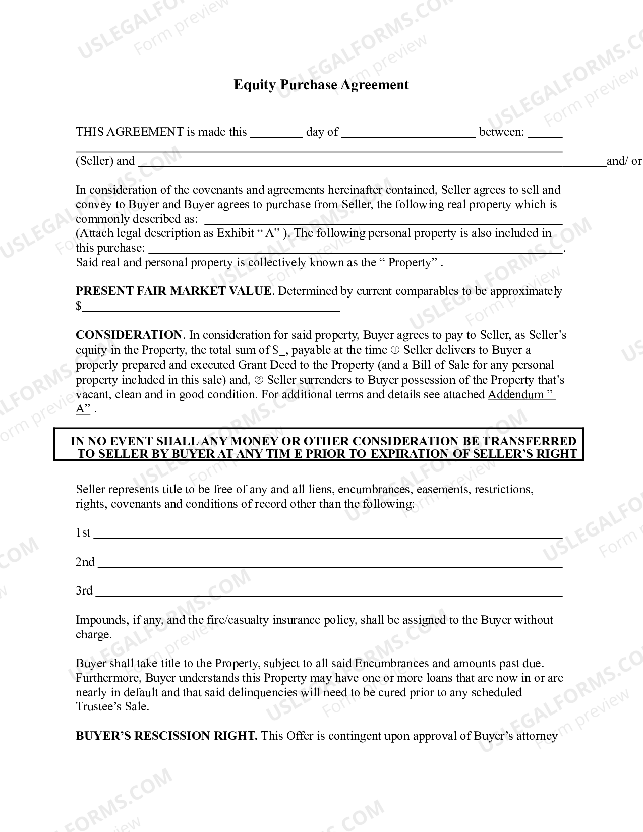 California Equity Purchase Agreement for Real Estate US Legal Forms