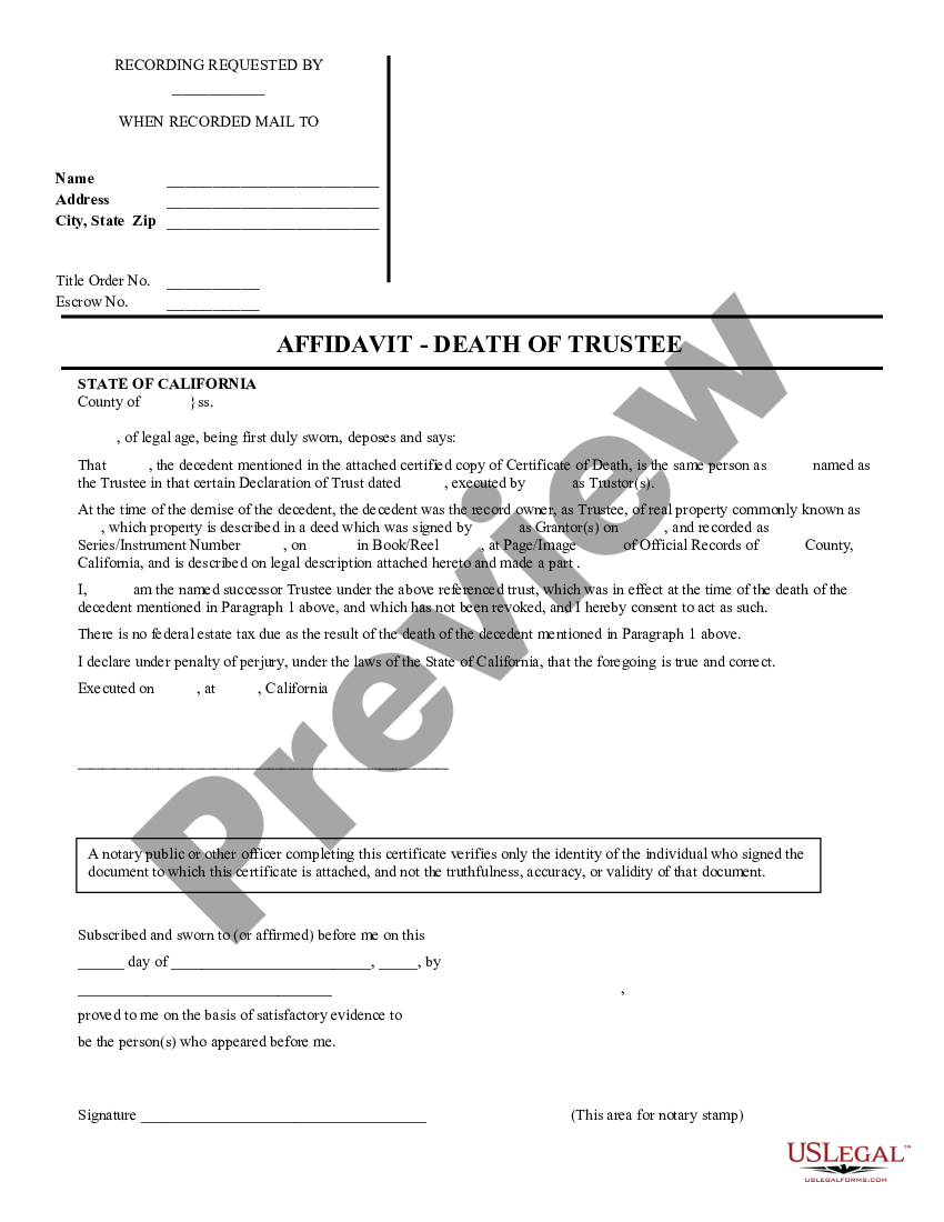 California Affidavit Death Of Trustee Us Legal Forms 8290