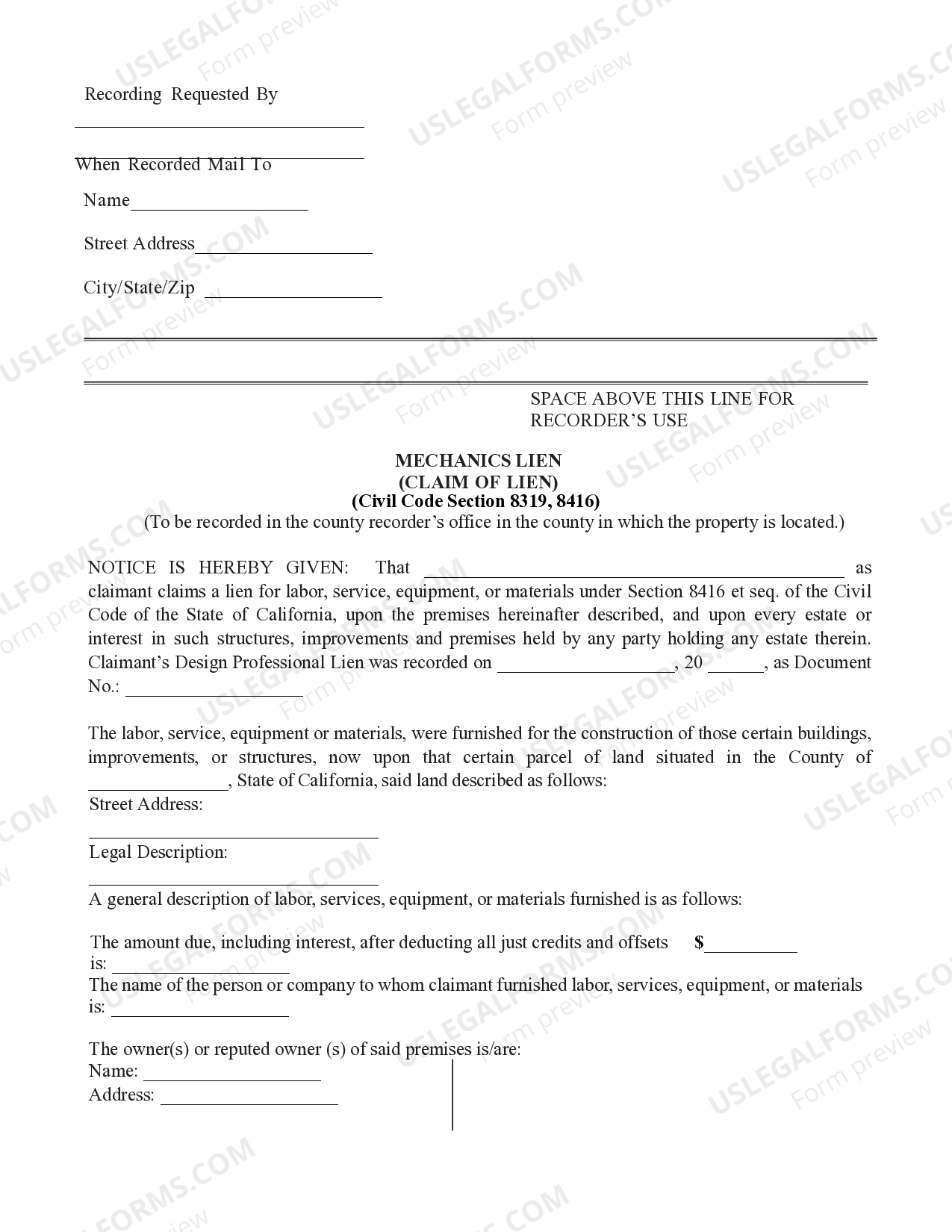 California Mechanic Liens US Legal Forms
