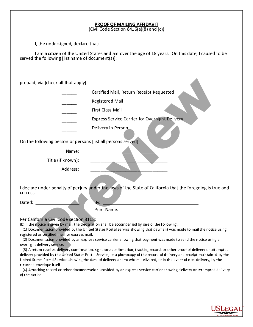 California Proof of Mailing Affidavit | US Legal Forms