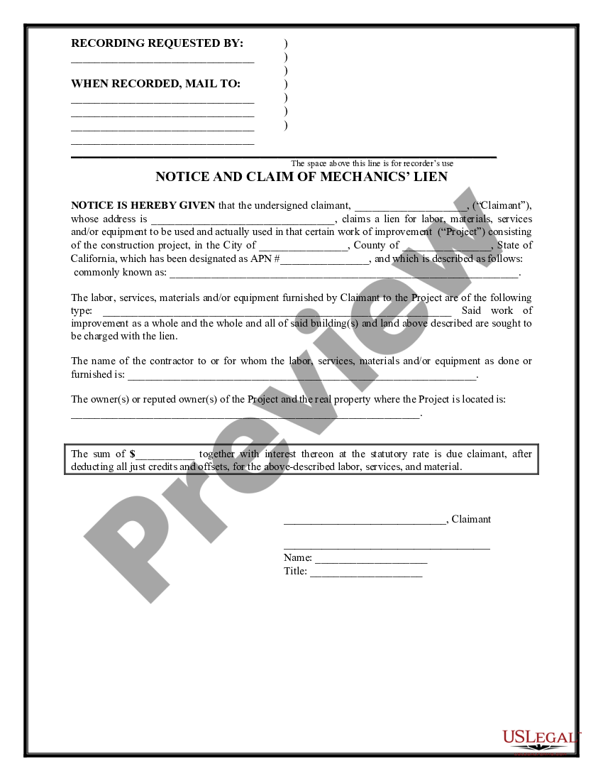 California Notice and Claim of Mechanics' Lien | US Legal Forms