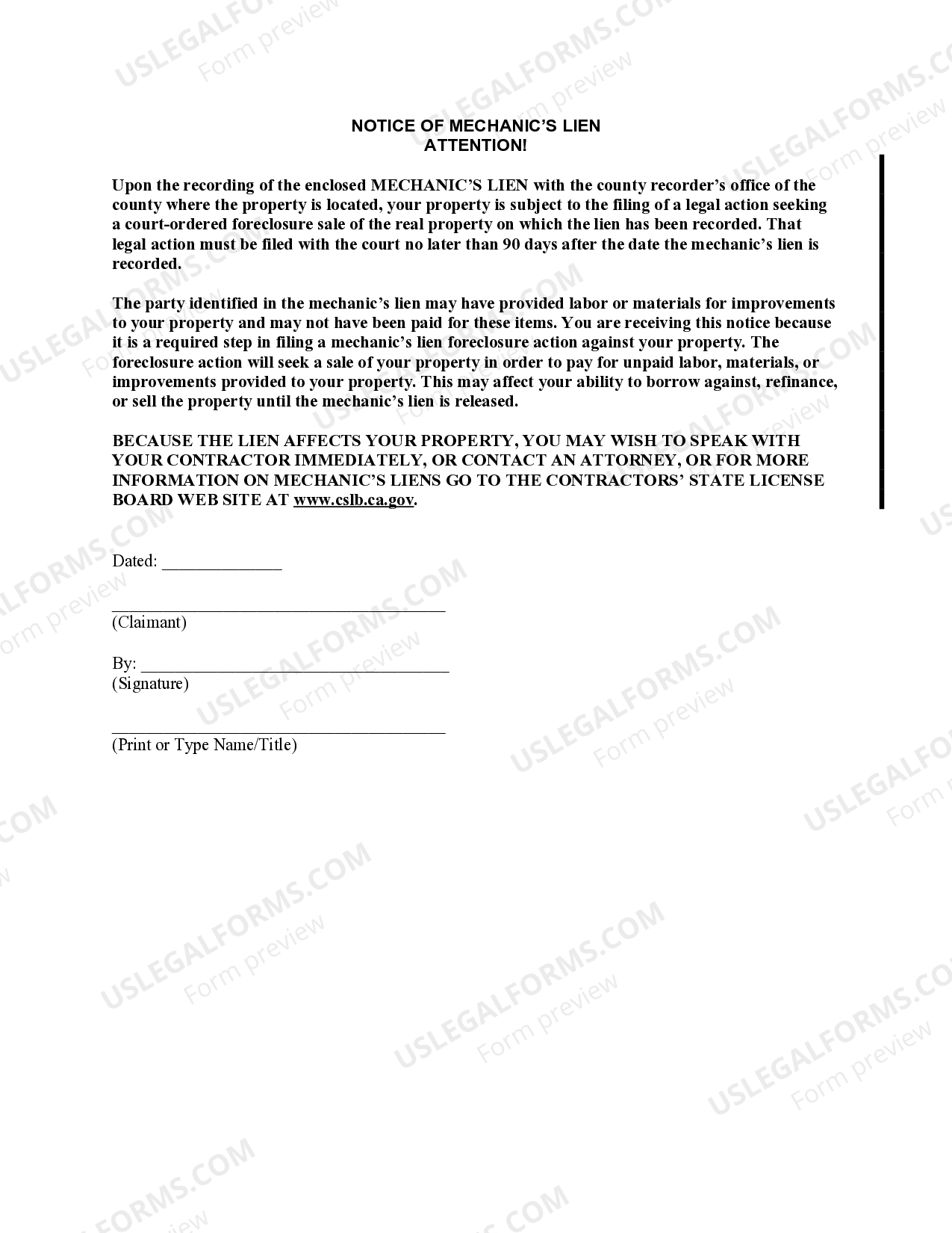 California Notice and Claim of Mechanics' Lien US Legal Forms