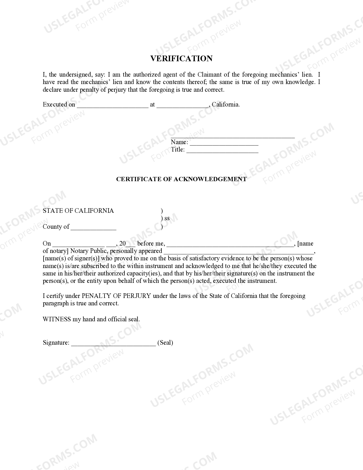 California Notice and Claim of Mechanics' Lien US Legal Forms