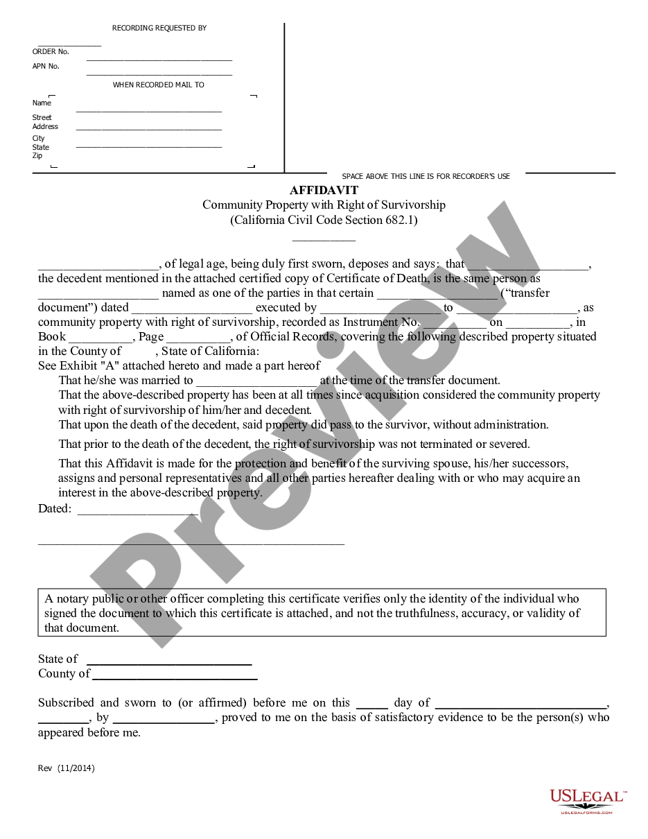 California Affidavit Community Property With Right Of Survivorship Us Legal Forms 0340