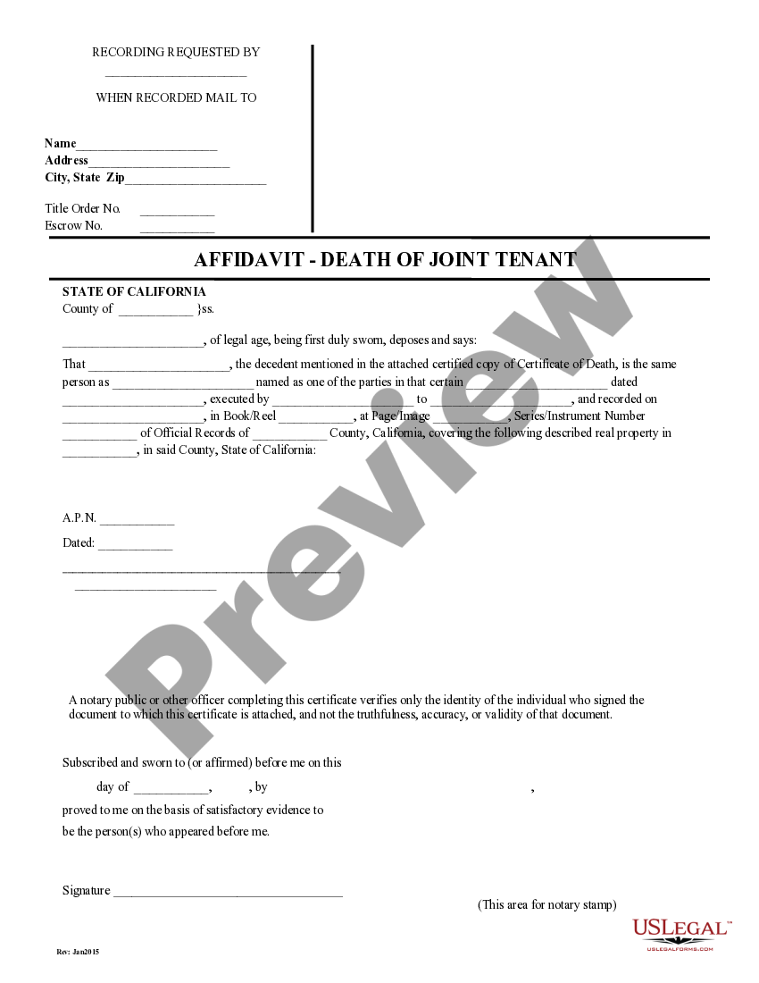 California Affidavit Death of Joint Tenant US Legal Forms