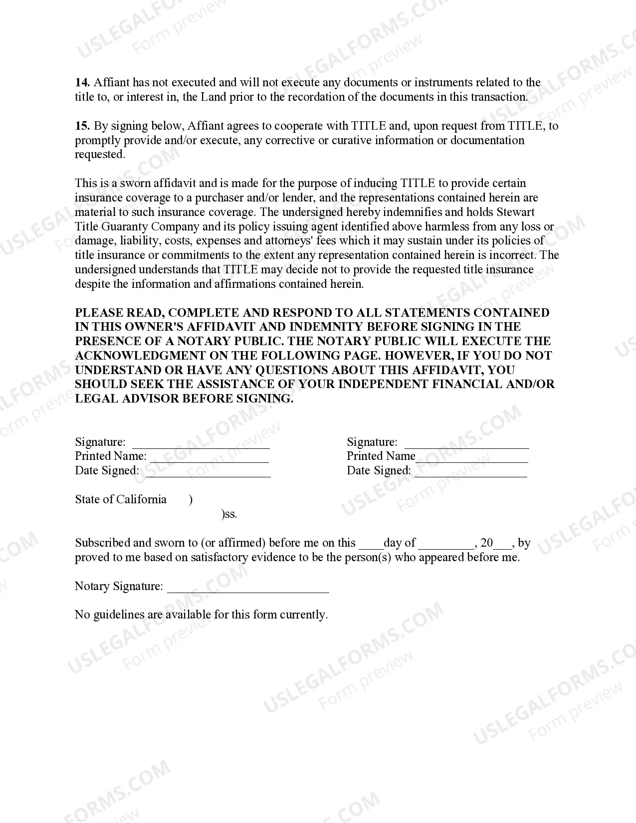 Preview California Owner's Affidavit and Indemnity