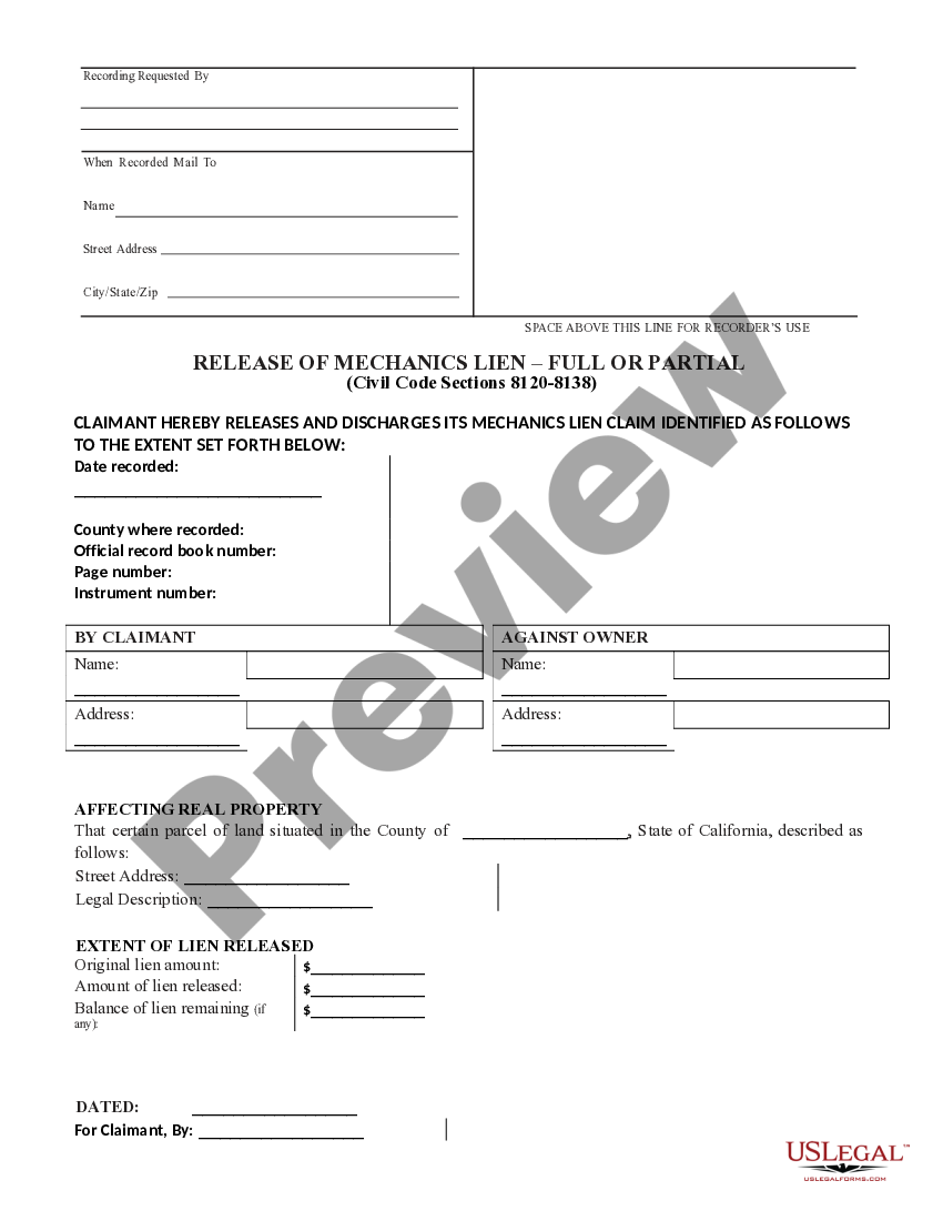 California Release of Mechanics Lien- Full or Partial | US Legal Forms