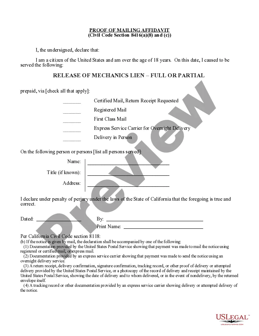 Preview Release of Mechanics Lien- Full or Partial