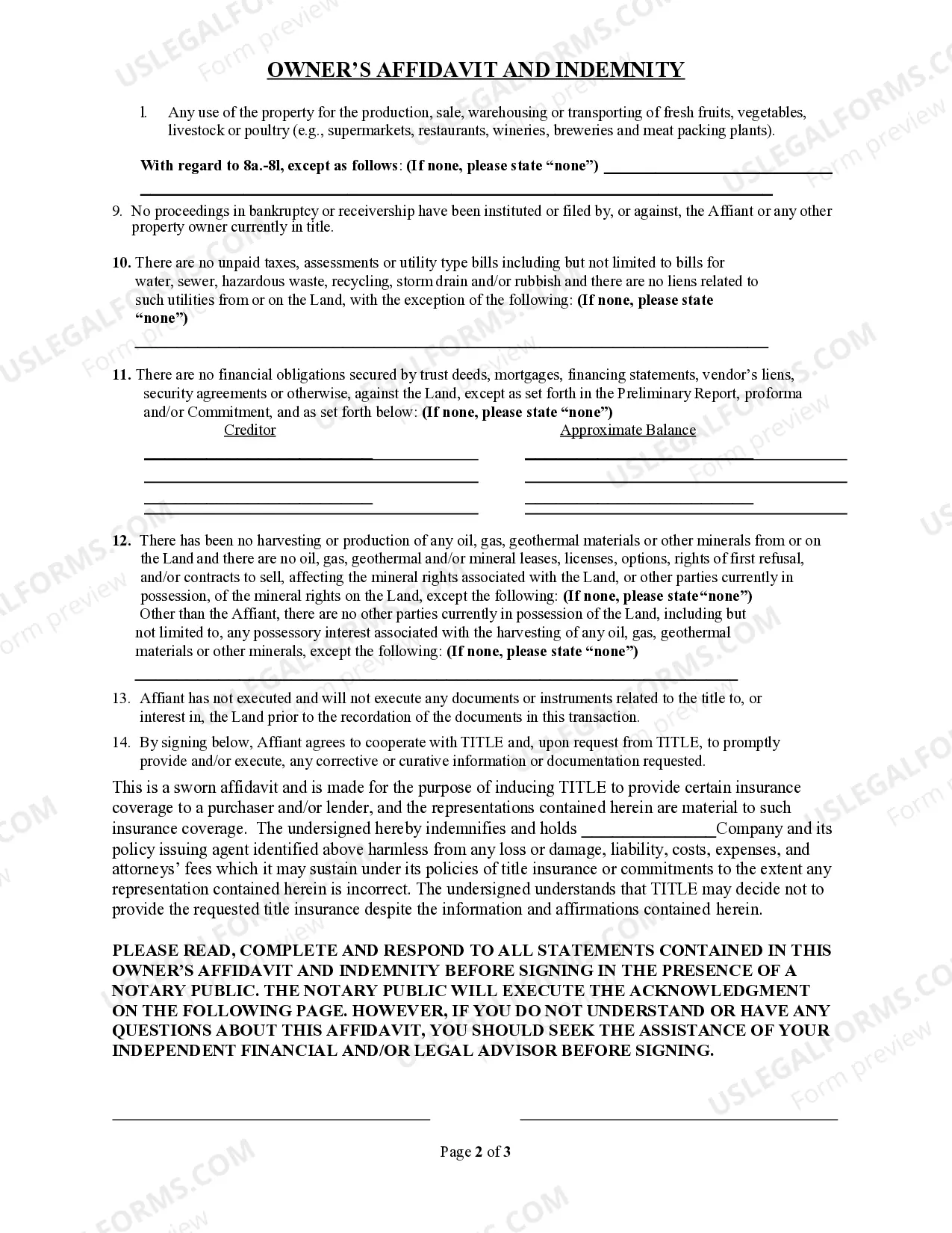 Preview Owner's Affidavit and Indemnity