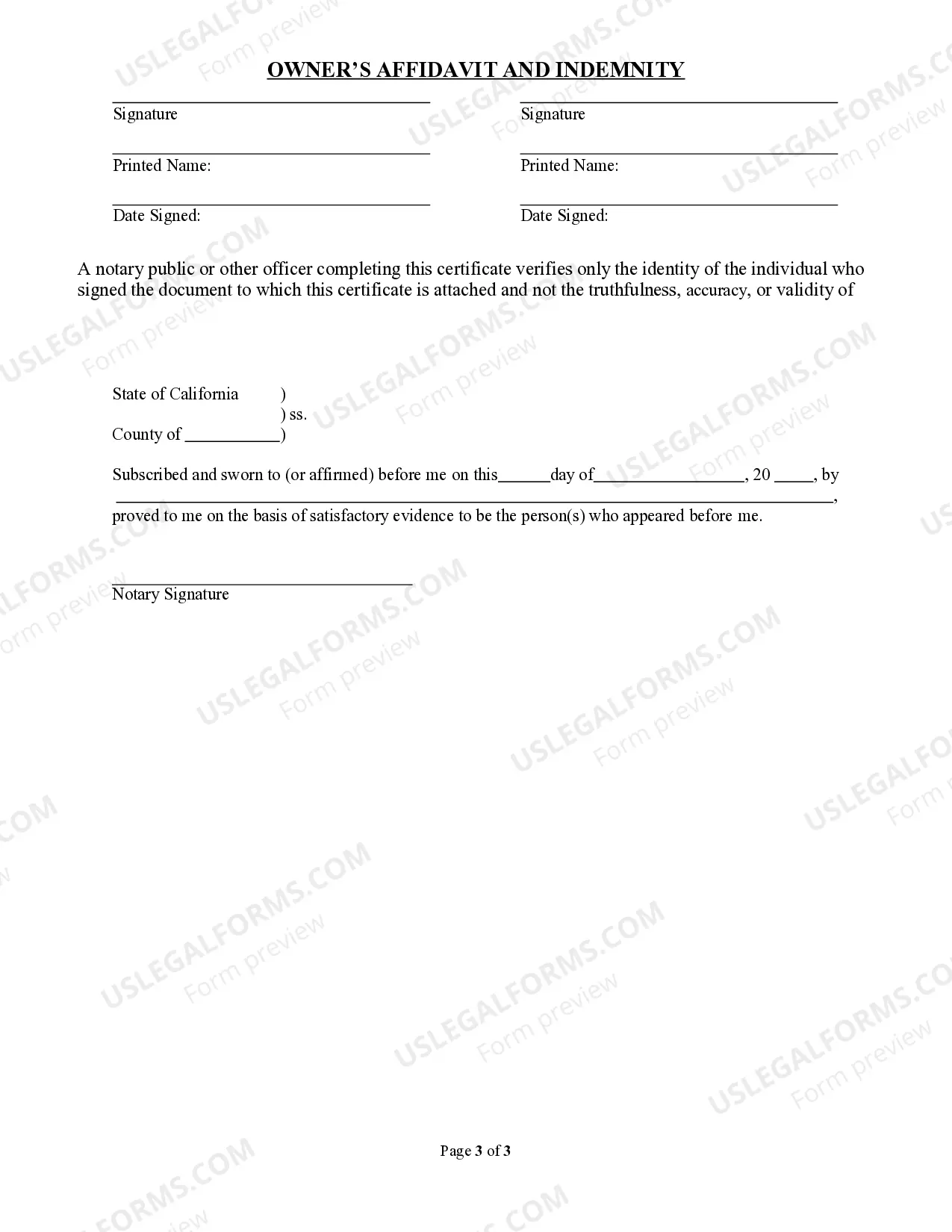 Preview Owner's Affidavit and Indemnity