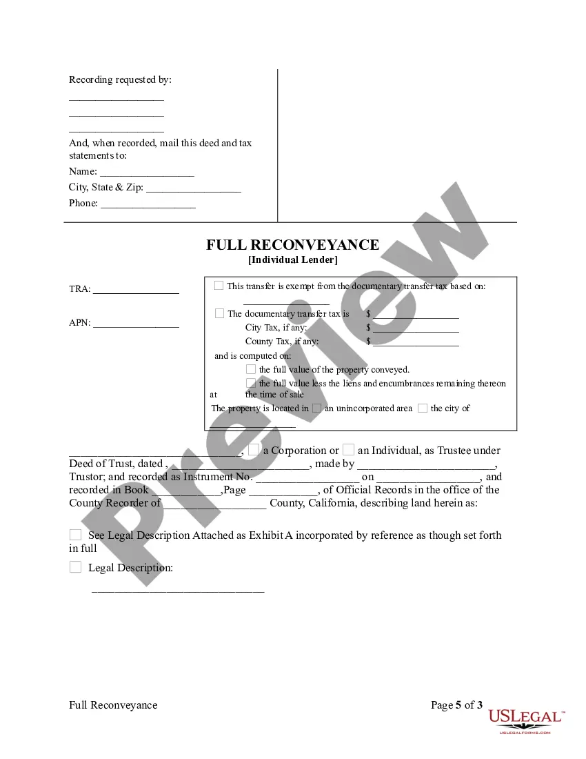 Preview Satisfaction - Reconveyance of Deed of Trust by Individual