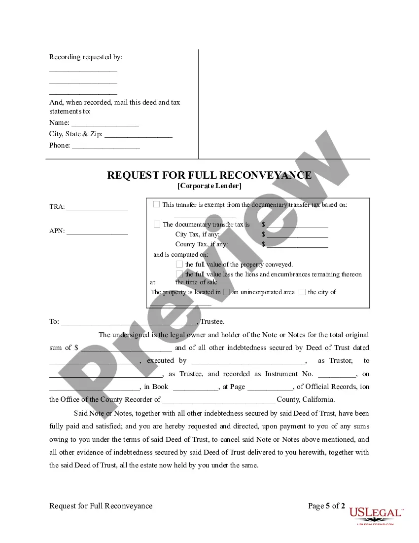 Preview Request for Reconveyance of Deed of Trust by Corporation