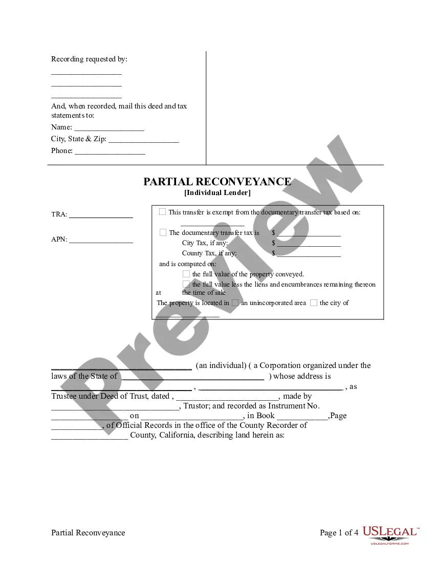 Preview Partial Release of Property From Deed of Trust for Individual