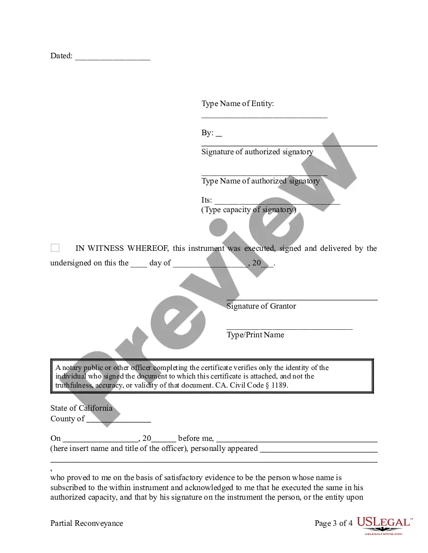 Preview Partial Release of Property From Deed of Trust for Individual