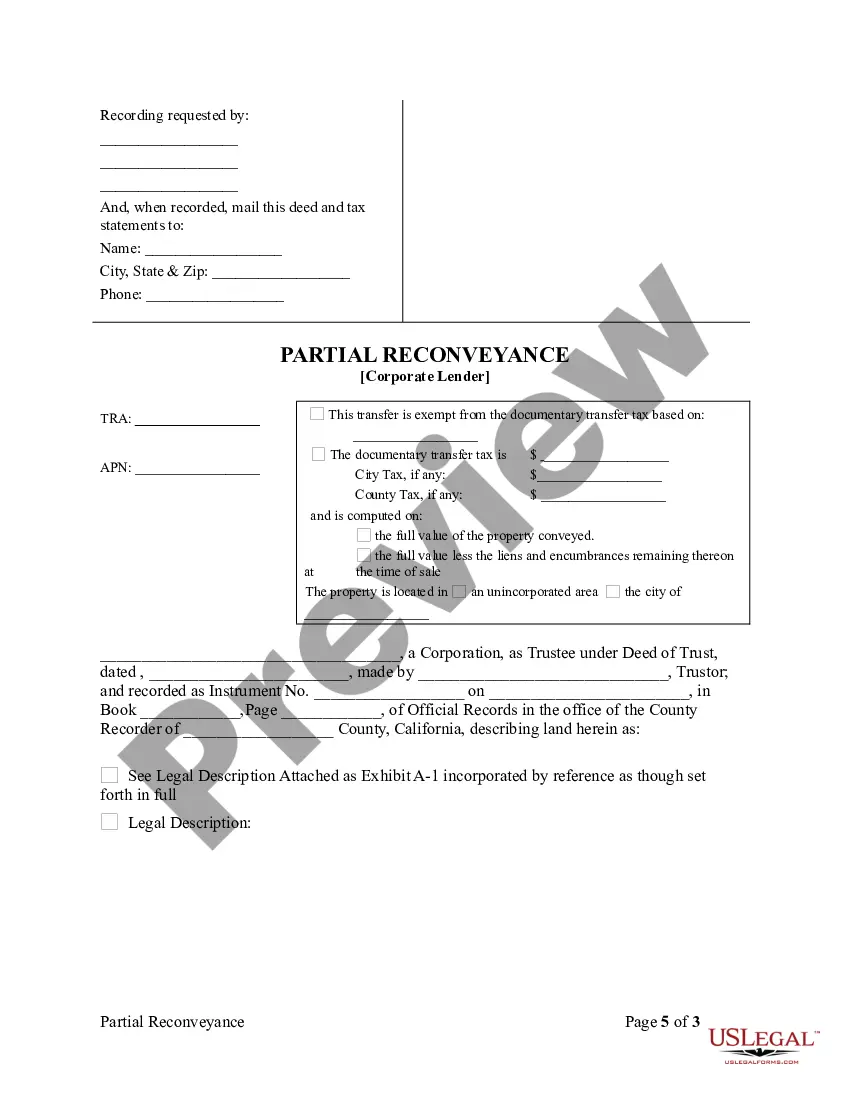 Preview Partial Release of Property From Deed of Trust for Corporation