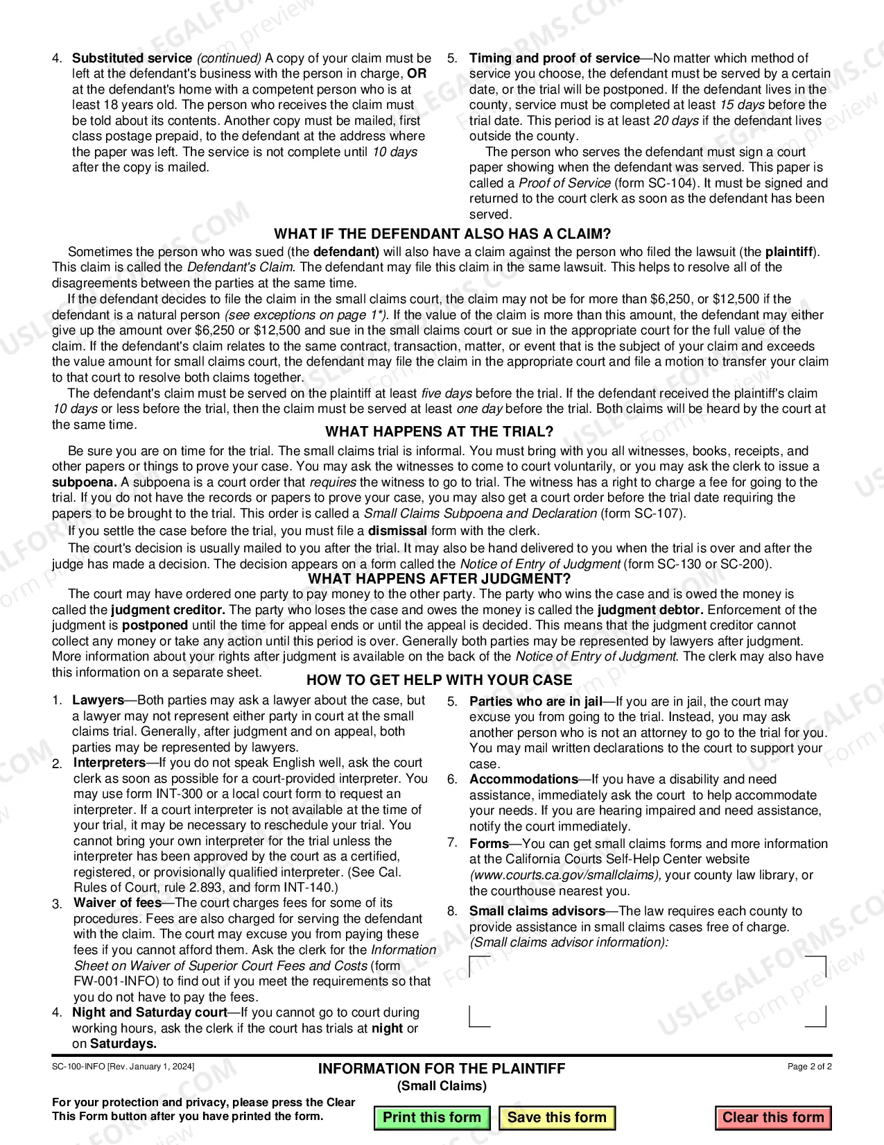 Preview Information for the Plaintiff - Small Claims