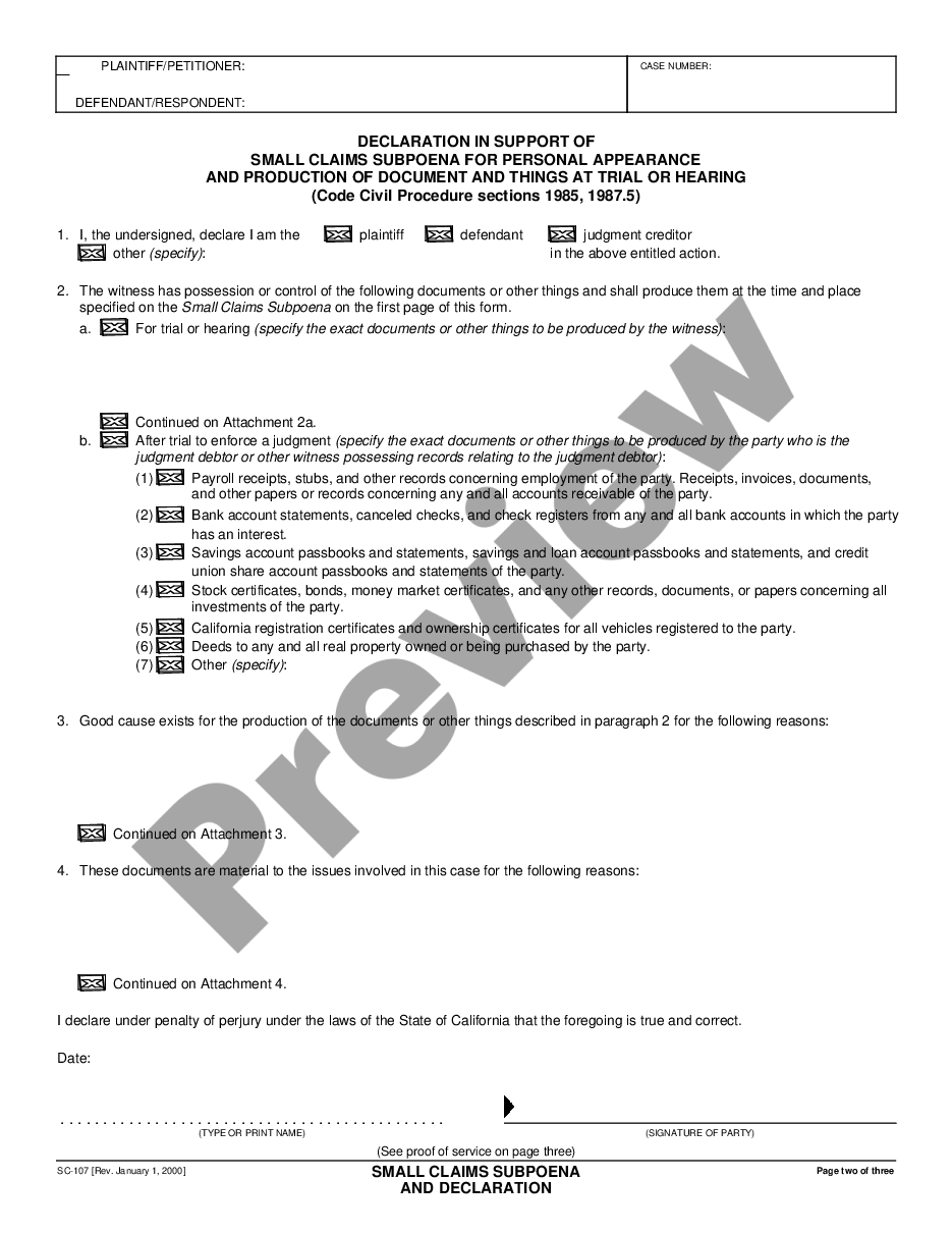 form Small Claims Subpoena for Personal Appearance and Production of Documents at Trial or Hearing and Declaration preview