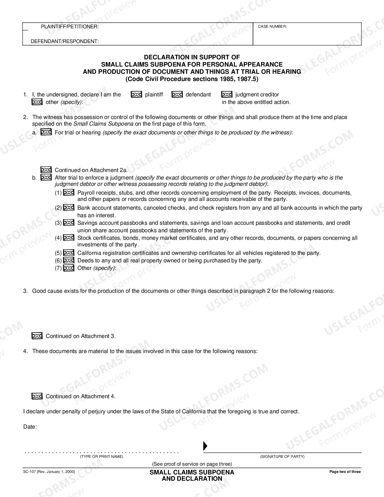 Preview Small Claims Subpoena for Personal Appearance and Production of Documents at Trial or Hearing and Declaration