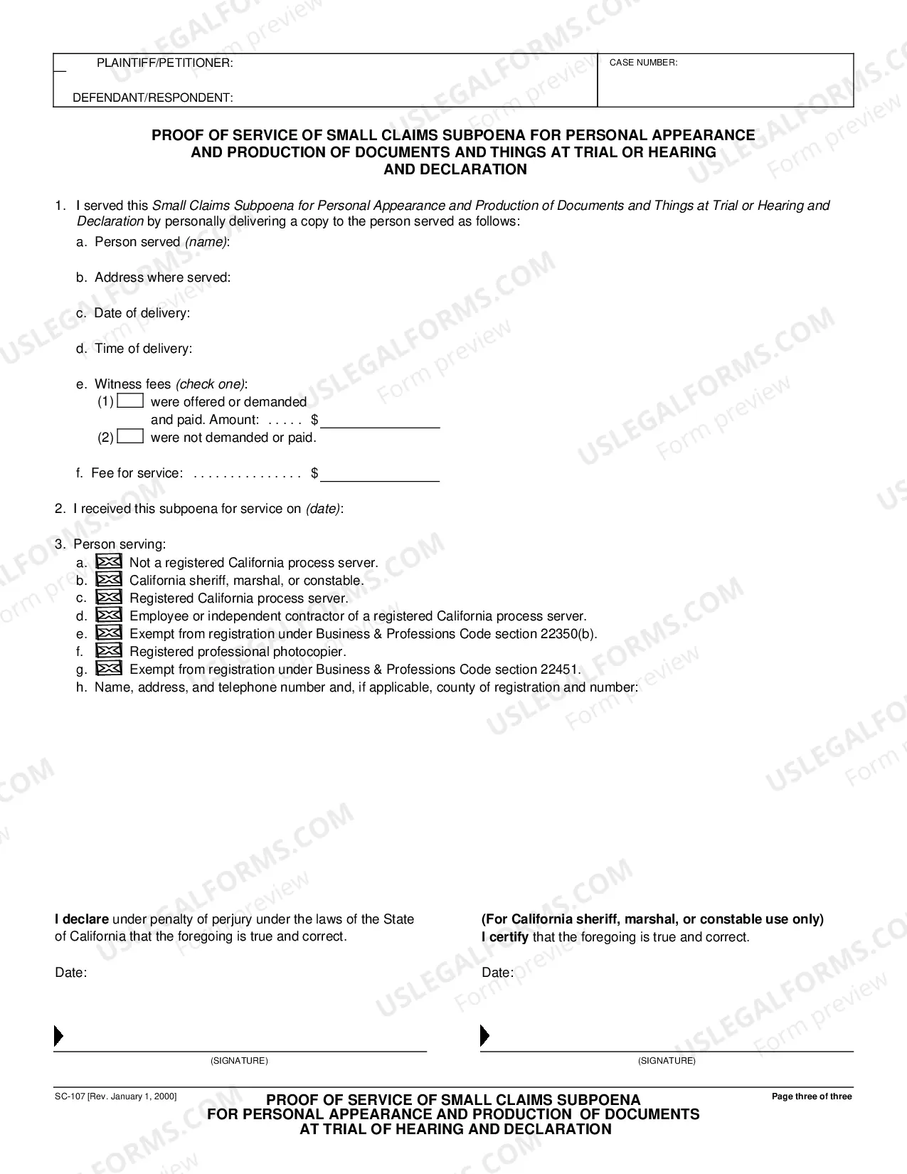 Preview Small Claims Subpoena for Personal Appearance and Production of Documents at Trial or Hearing and Declaration