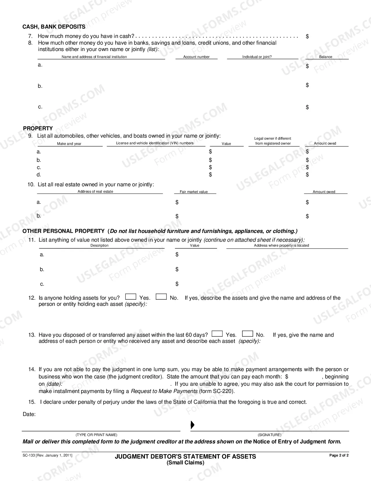 Preview Judgment Debtor's Statement of Assets