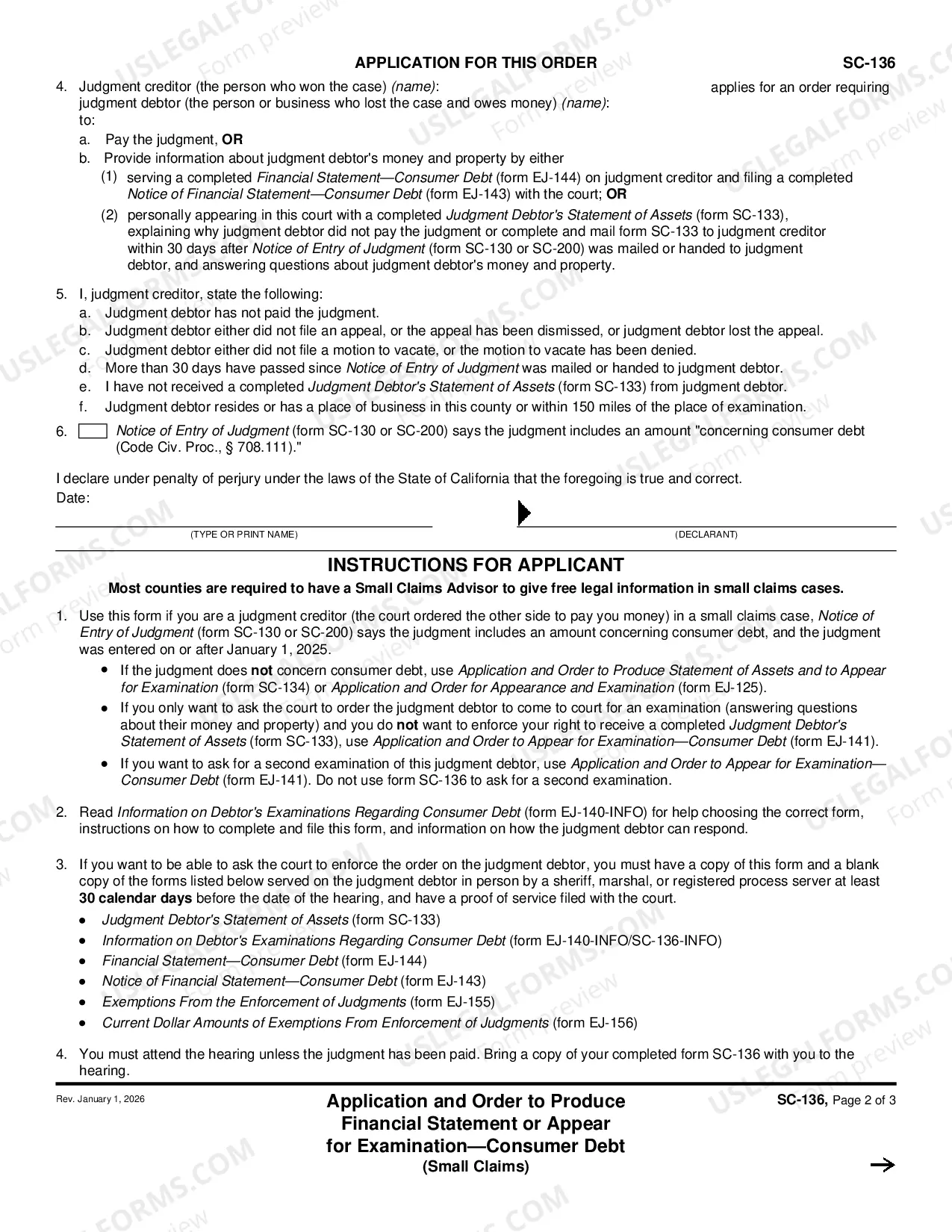 Preview Application and Order to Produce Financial Statement or Appear for Examination - Consumer Debt - Small Claims