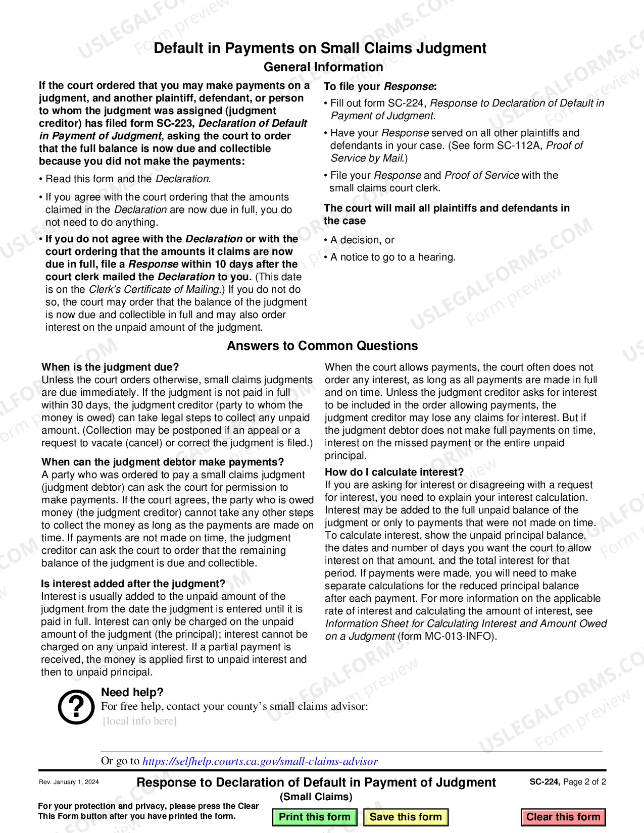 Preview Response to Declaration of Default in Payment of Judgment
