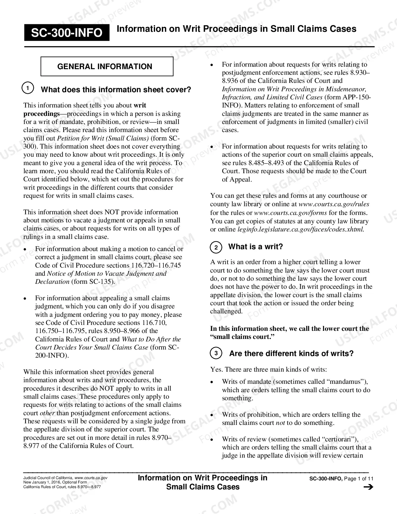 Preview Information on Writ Proceedings in Small Claims Cases