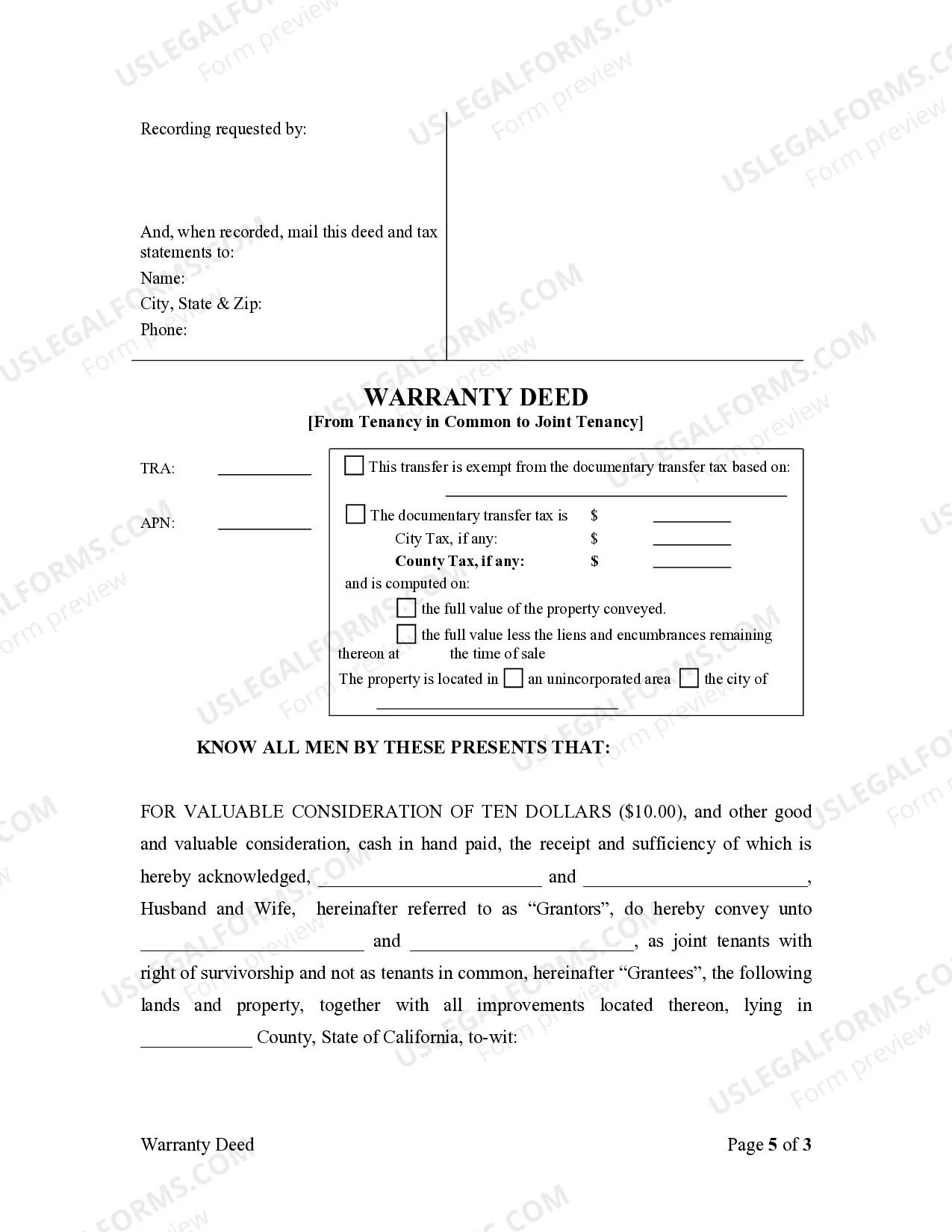 Preview Warranty Deed for Husband and Wife Converting Property from Tenants in Common to Joint Tenancy