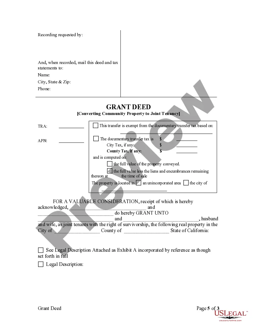 Get Grant Deed - Conversion of Community Property to Joint Tenancy Preview Grant Deed - Conversion of Community Property to Joint Tenancy