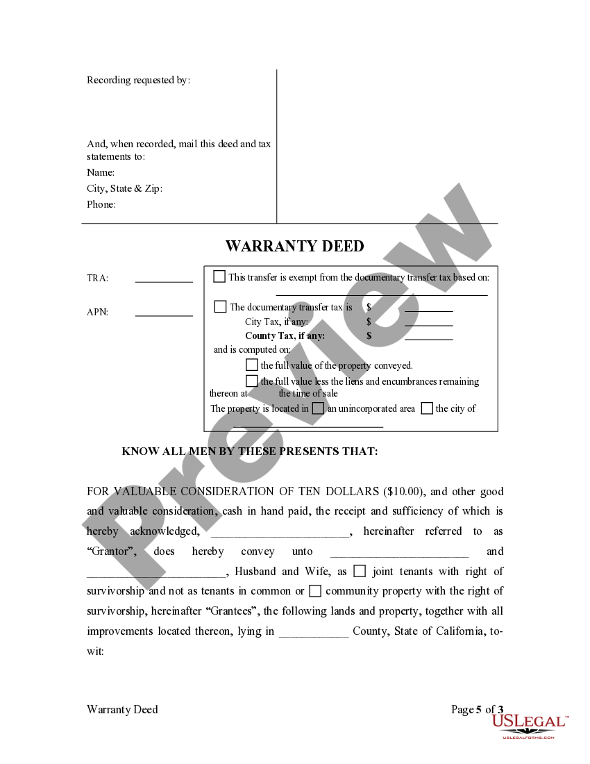 California Warranty Deed to Separate Property of one Spouse to both as