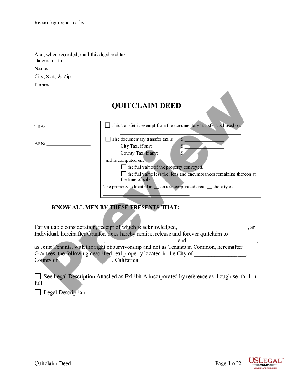 California Quitclaim Deed From One Individual To Three Individuals As Joint Tenants Ca 