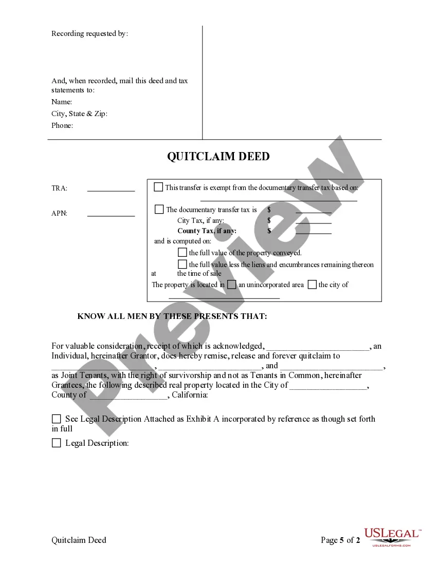Get Quitclaim Deed from one Individual to Three Individuals as Joint Tenants Preview Quitclaim Deed from one Individual to Three Individuals as Joint Tenants