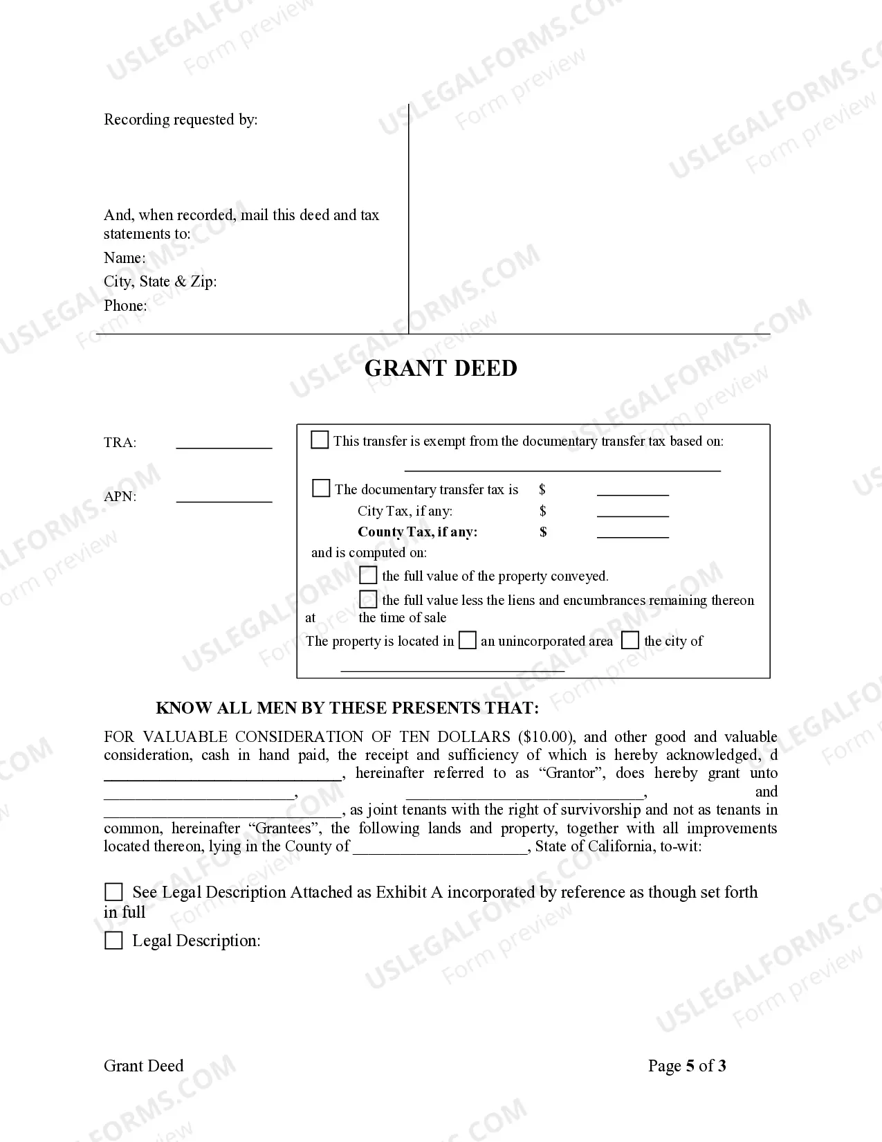 Preview Grant Deed - One Individual to Three Individuals as Joint Tenants
