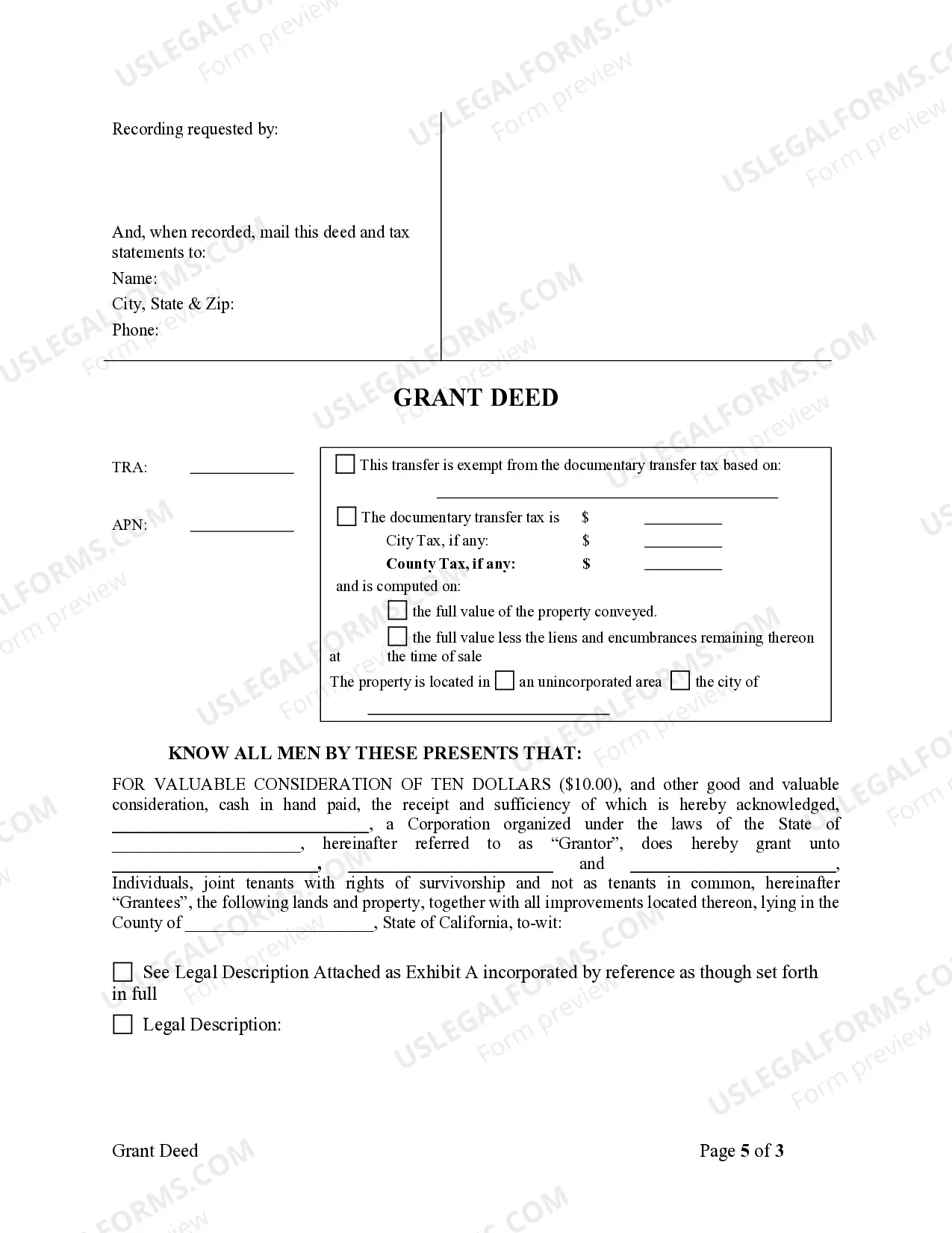 Preview Grant Deed - Corporation to Three Individuals as Joint Tenants