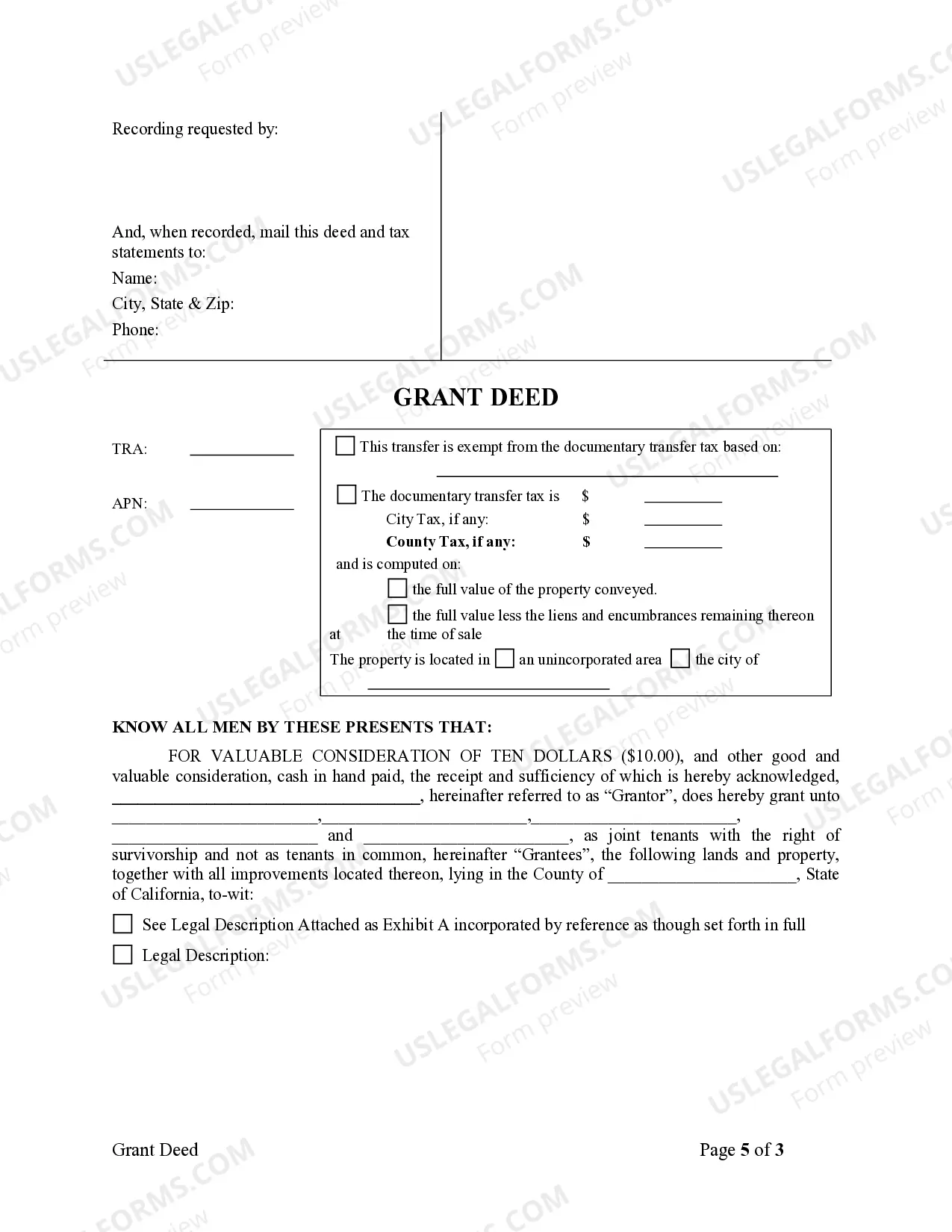 Preview Grant Deed - One Individual to Five Individuals as Joint Tenants