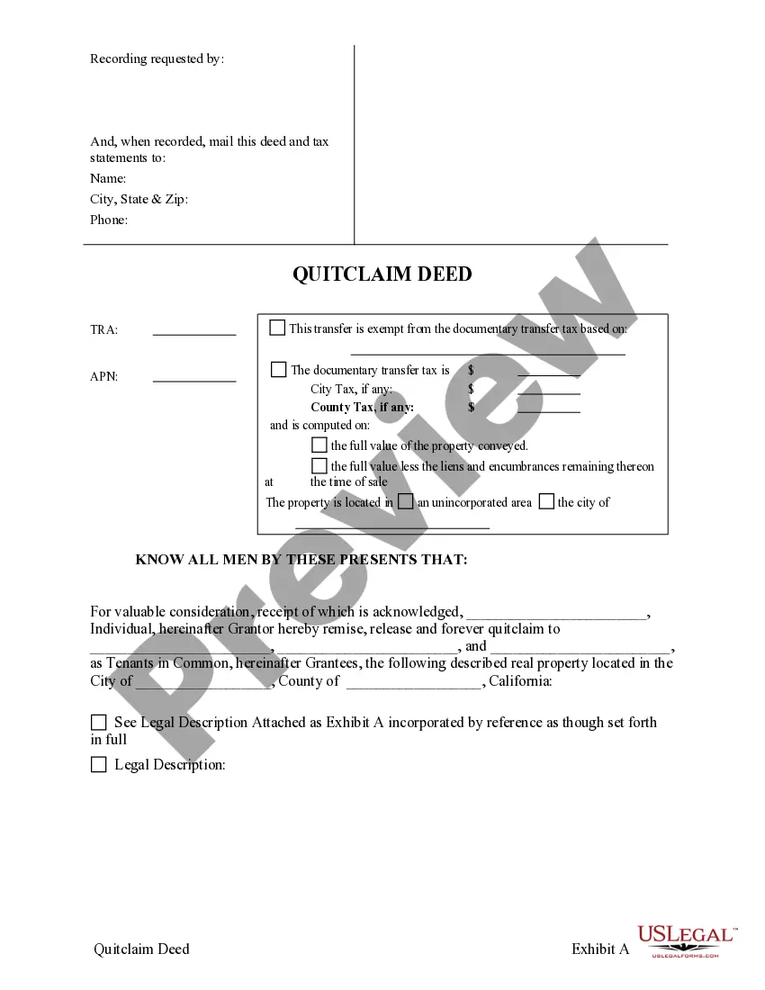 Get Quitclaim Deed from one Individual to Three Individuals as Tenants in Common Preview Quitclaim Deed from one Individual to Three Individuals as Tenants in Common