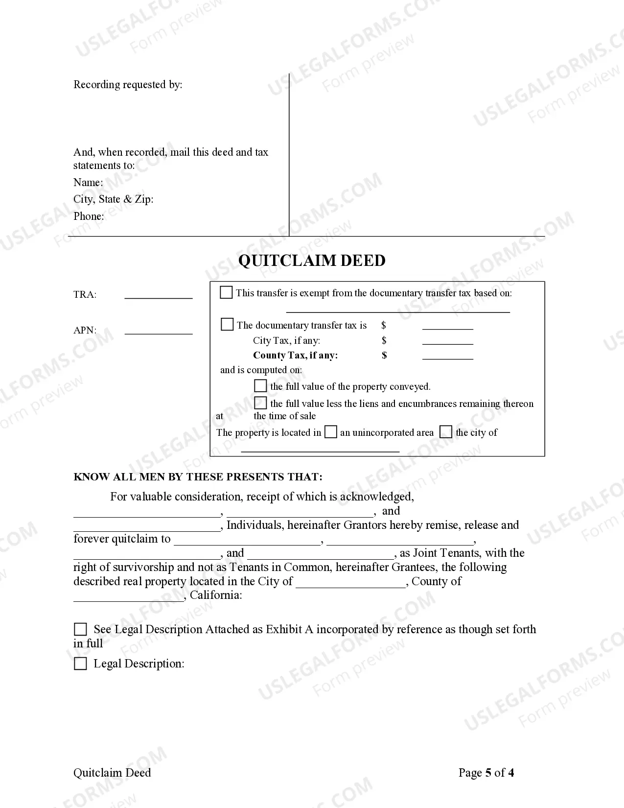 Preview Quitclaim Deed for Three Individuals to Four Individuals as Joint Tenants