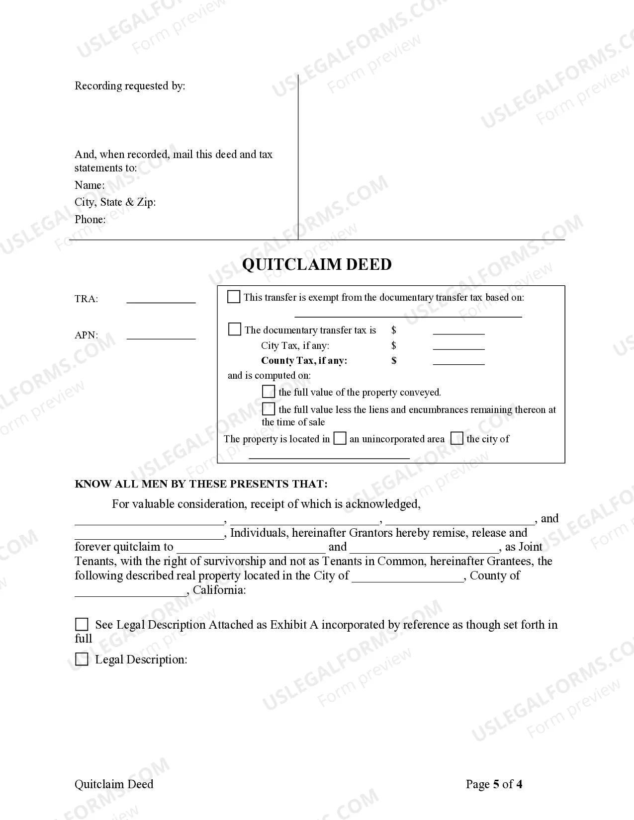 Preview Quitclaim Deed for Four Individuals to Two Individuals as Joint Tenants