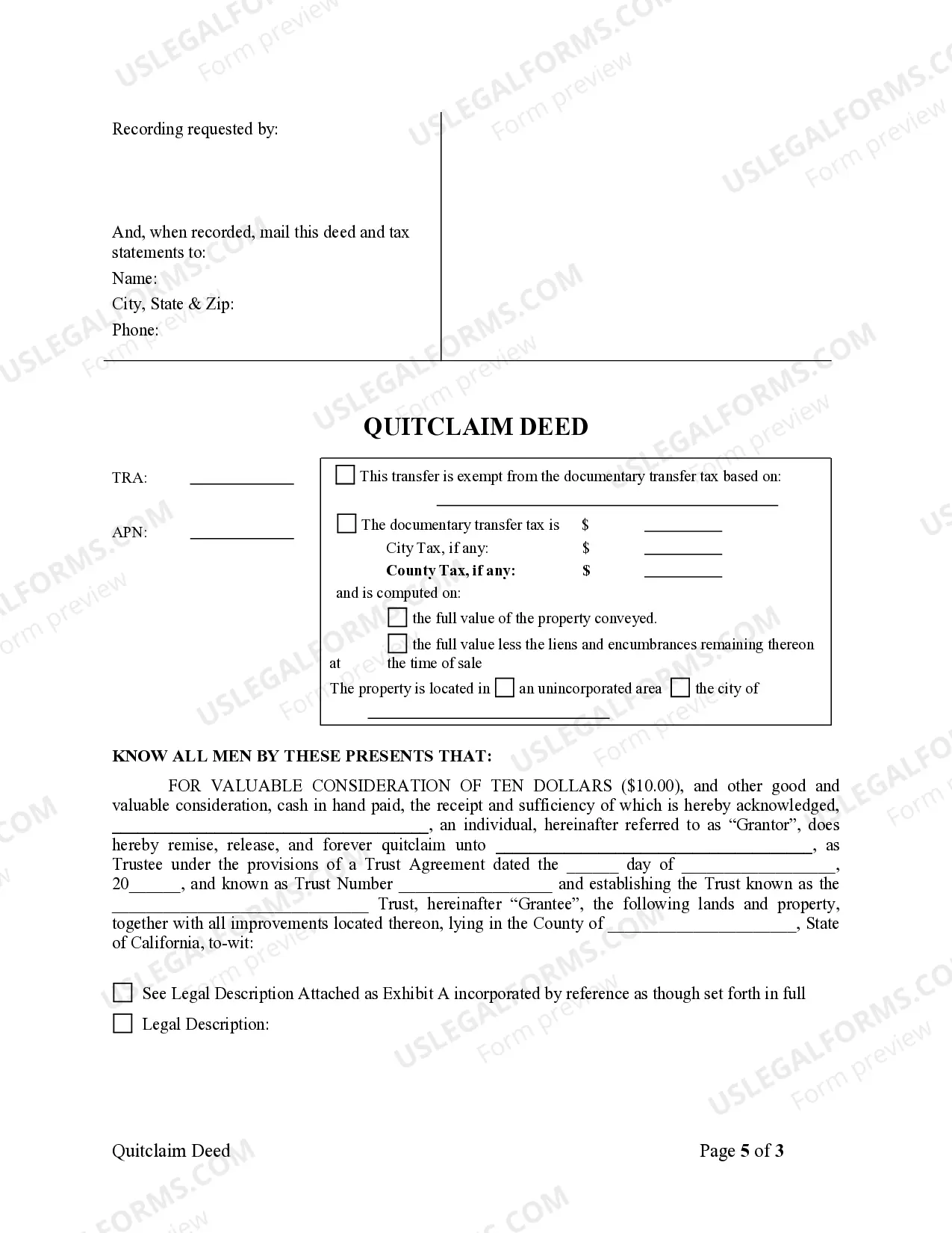 Preview Quitclaim Deed for Individual to a Trust