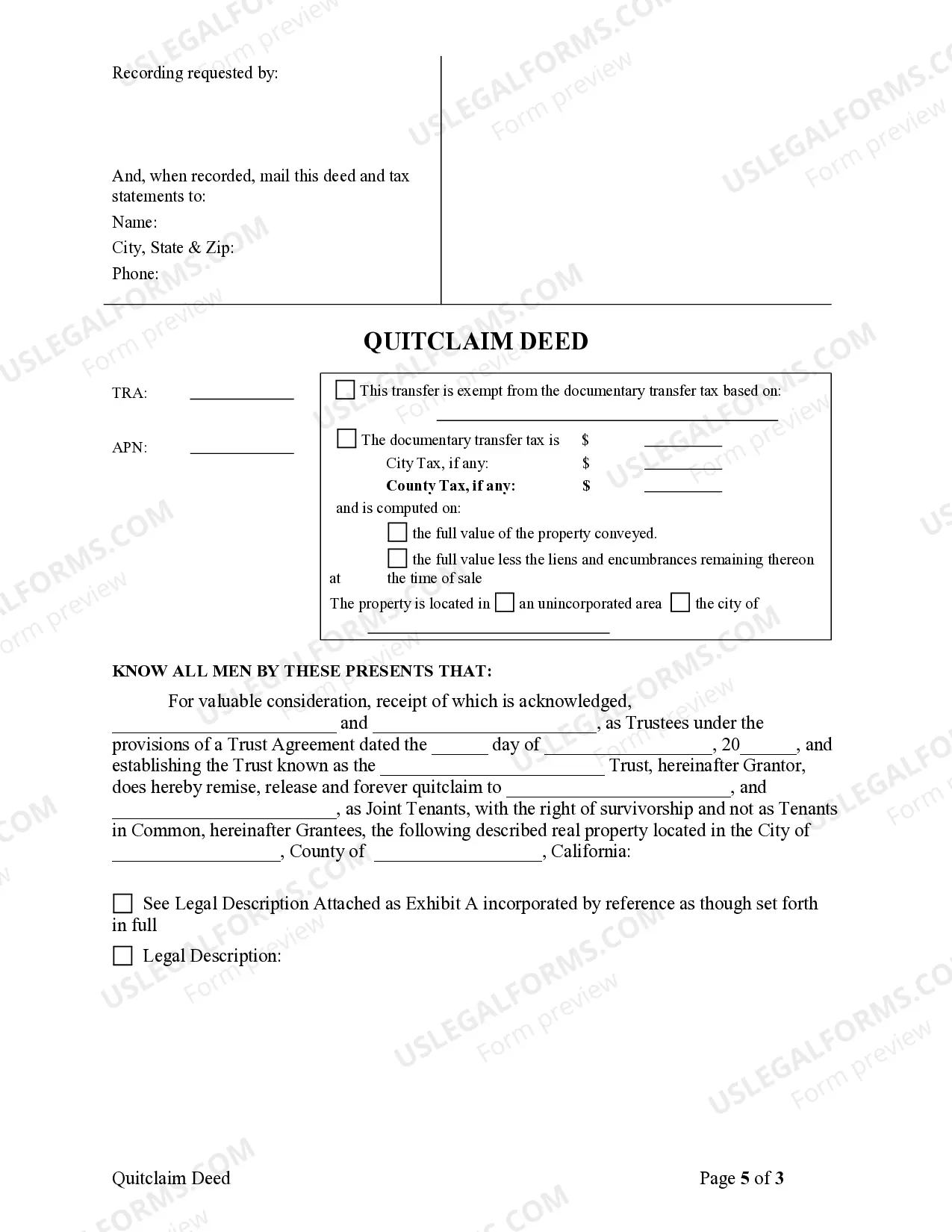 Preview Quitclaim Deed for Family Trust to Two Individuals as Joint Tenants