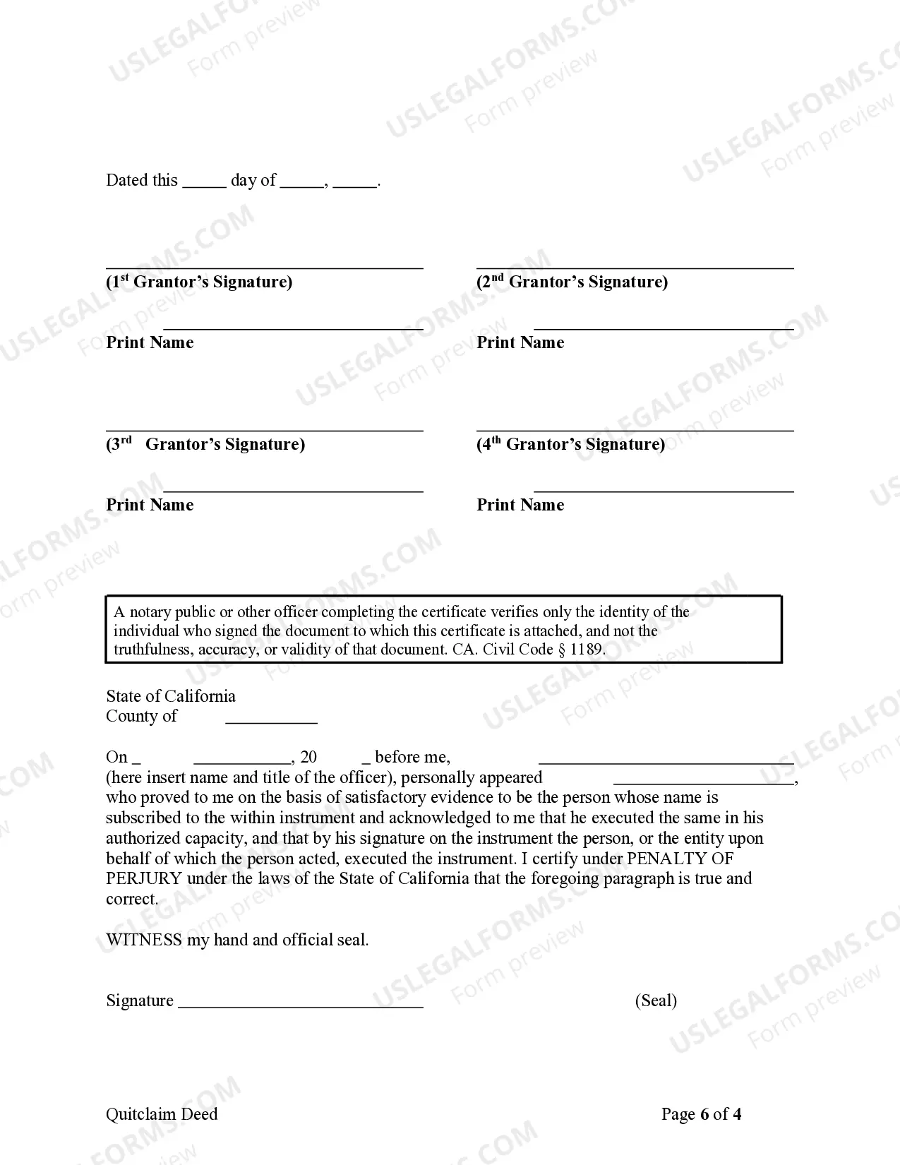 Preview Quitclaim Deed for Four Individuals to Six Individuals as Tenants in Common