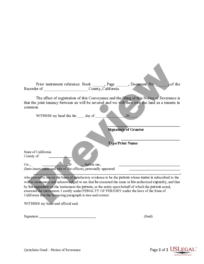 Get Severance Deed - Notice of Unilateral Severance of Joint Tenancy Preview Severance Deed - Notice of Unilateral Severance of Joint Tenancy