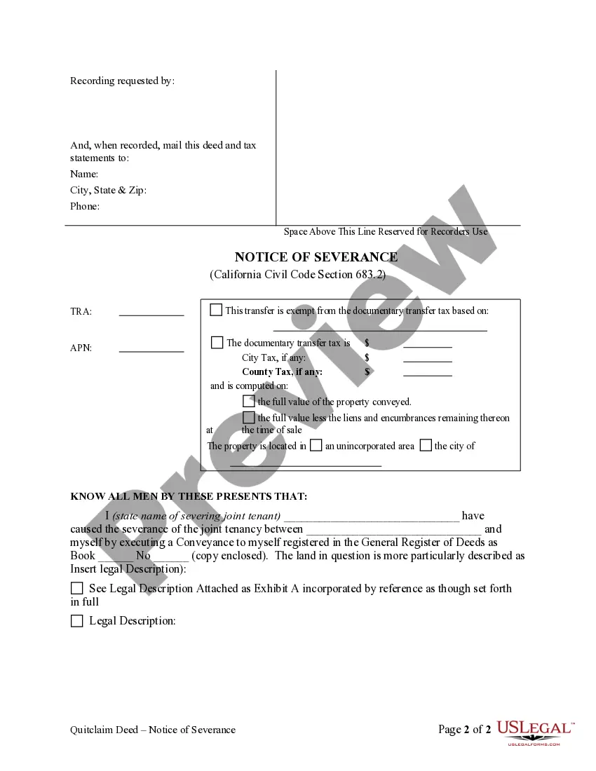 Get Severance Deed - Notice of Unilateral Severance of Joint Tenancy Preview Severance Deed - Notice of Unilateral Severance of Joint Tenancy
