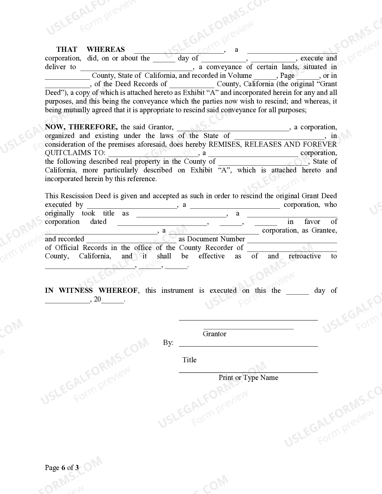 Preview Deed of Rescission - Corporation to Corporation