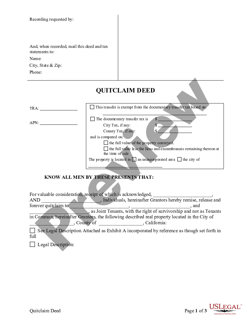 California Quitclaim Deed From Two Individuals To Three Individuals As Joint Tenants Quit 4965