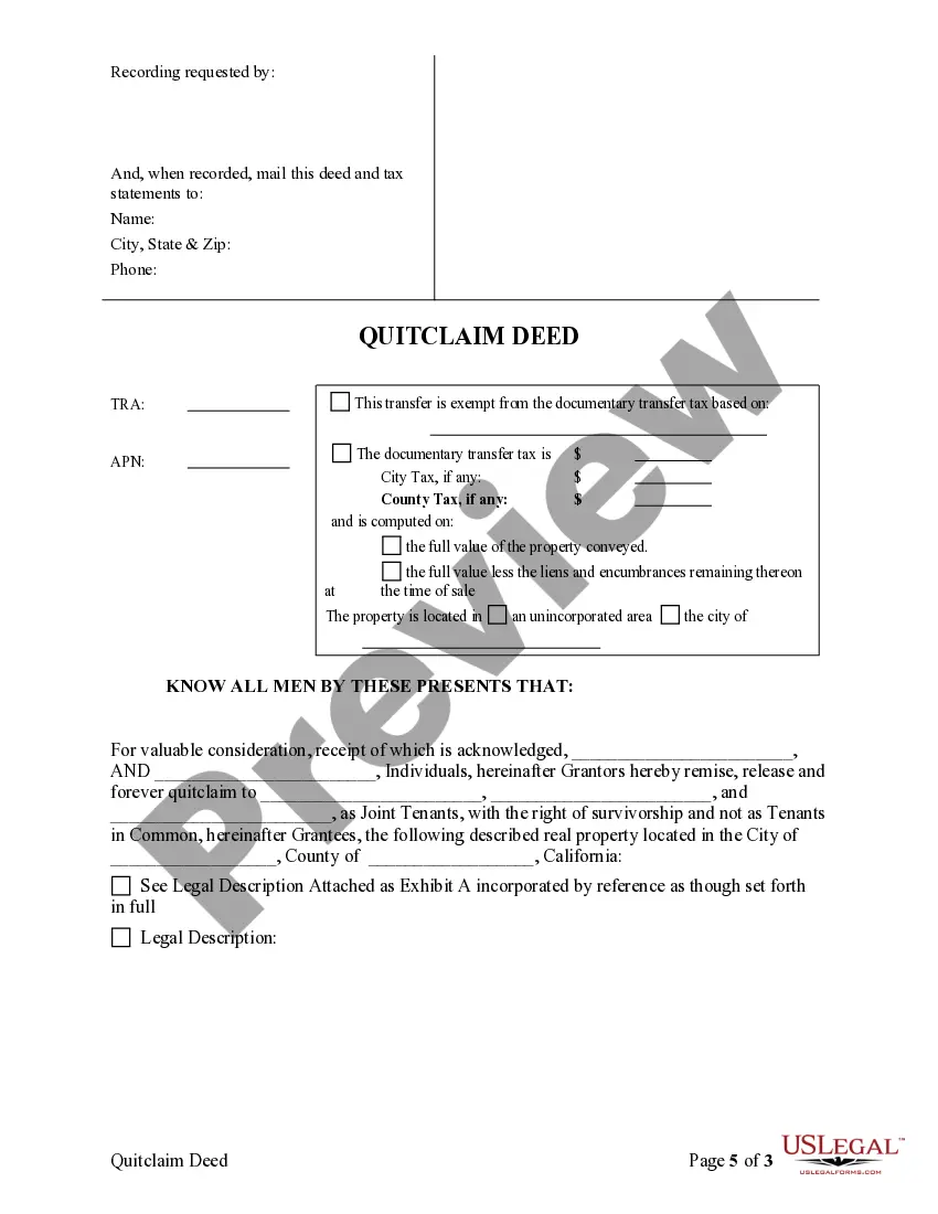 Preview Quitclaim Deed from two Individuals to Three Individuals as Joint Tenants