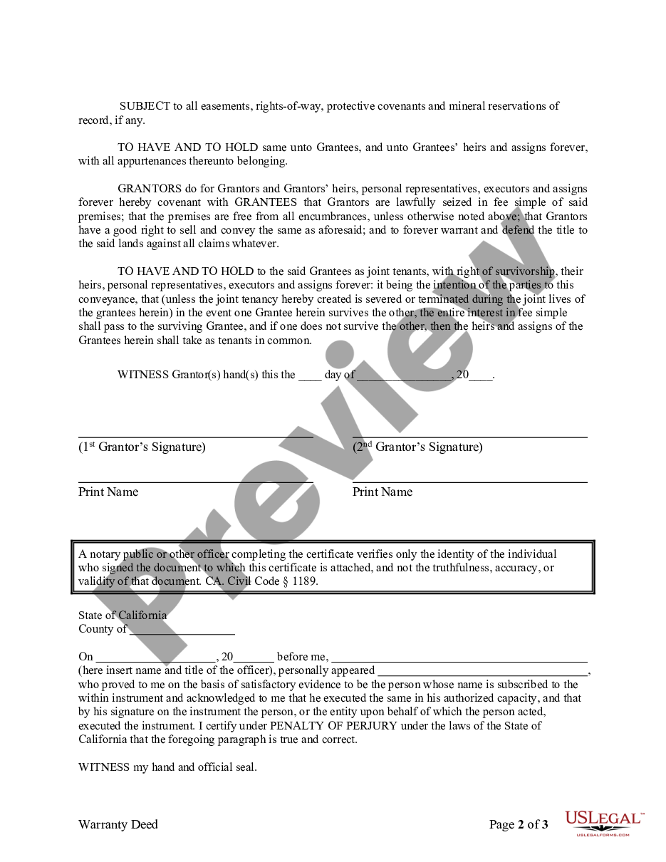 Carlsbad California Warranty Deed For Husband And Wife To Three Individuals As Joint Tenants 